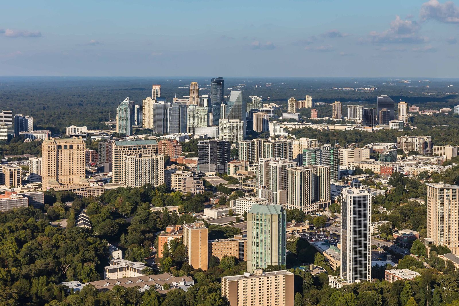 The Buckhead skyline and its tree-lined blocks, looking north over the district