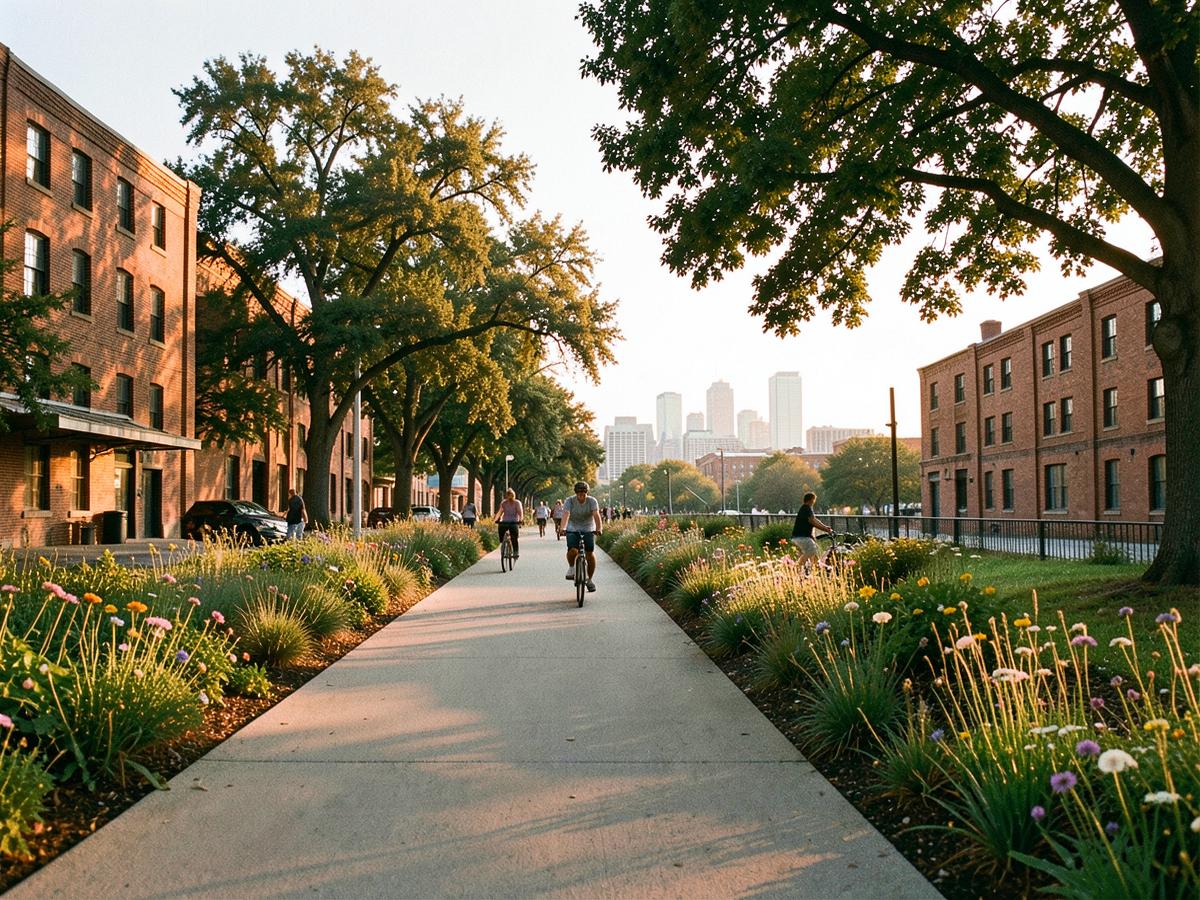 Cyclists and walkers on a paved multi-use trail lined with wildflowers and brick warehouse buildings