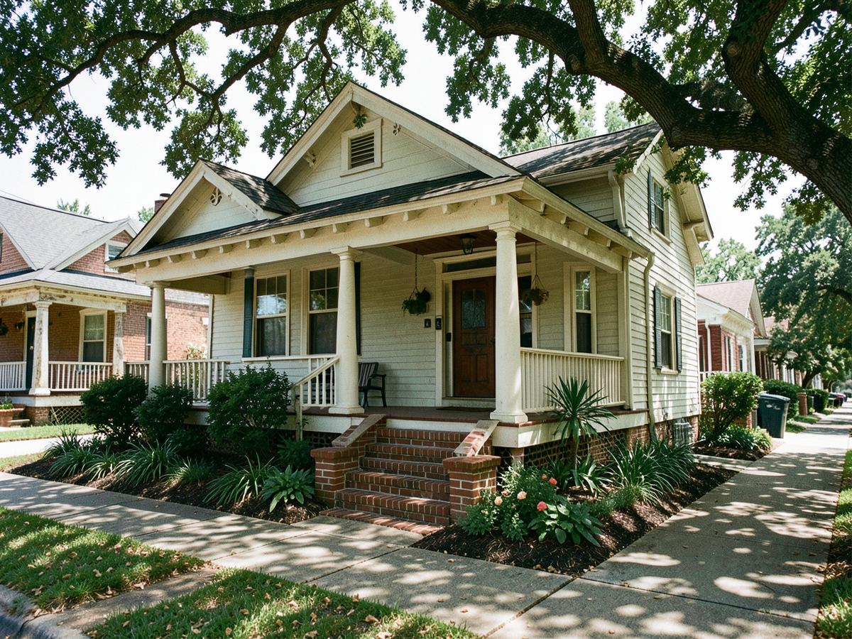 A 1920s Craftsman bungalow with a deep front porch on a tree-lined intown Atlanta street