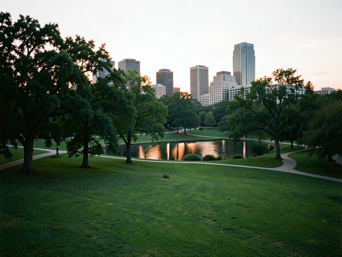 A large urban park with lawns, a lake and the Midtown Atlanta skyline beyond at dusk
